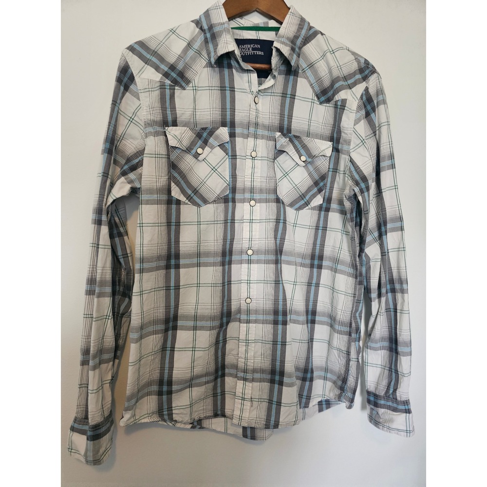 Western American Eagle Plaid Snap Shirt Mens Medium White Blue Vintage Fit